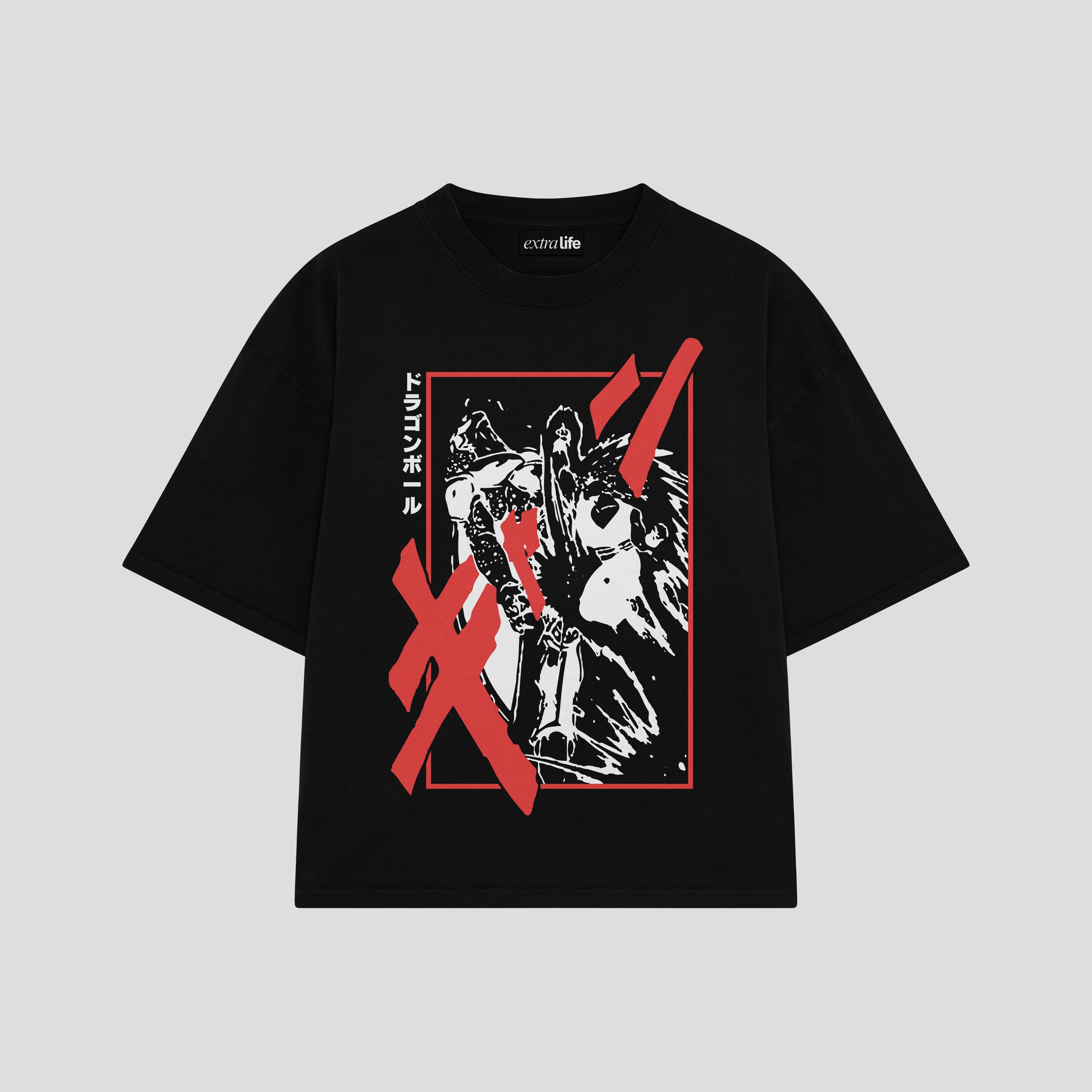 Playera streetwear premium de anime y gaming ExtraLife MX, corte boxy oversized drop shoulder heavyweight en color Deep Black y Off-White, moda urbana mexicana de culto.