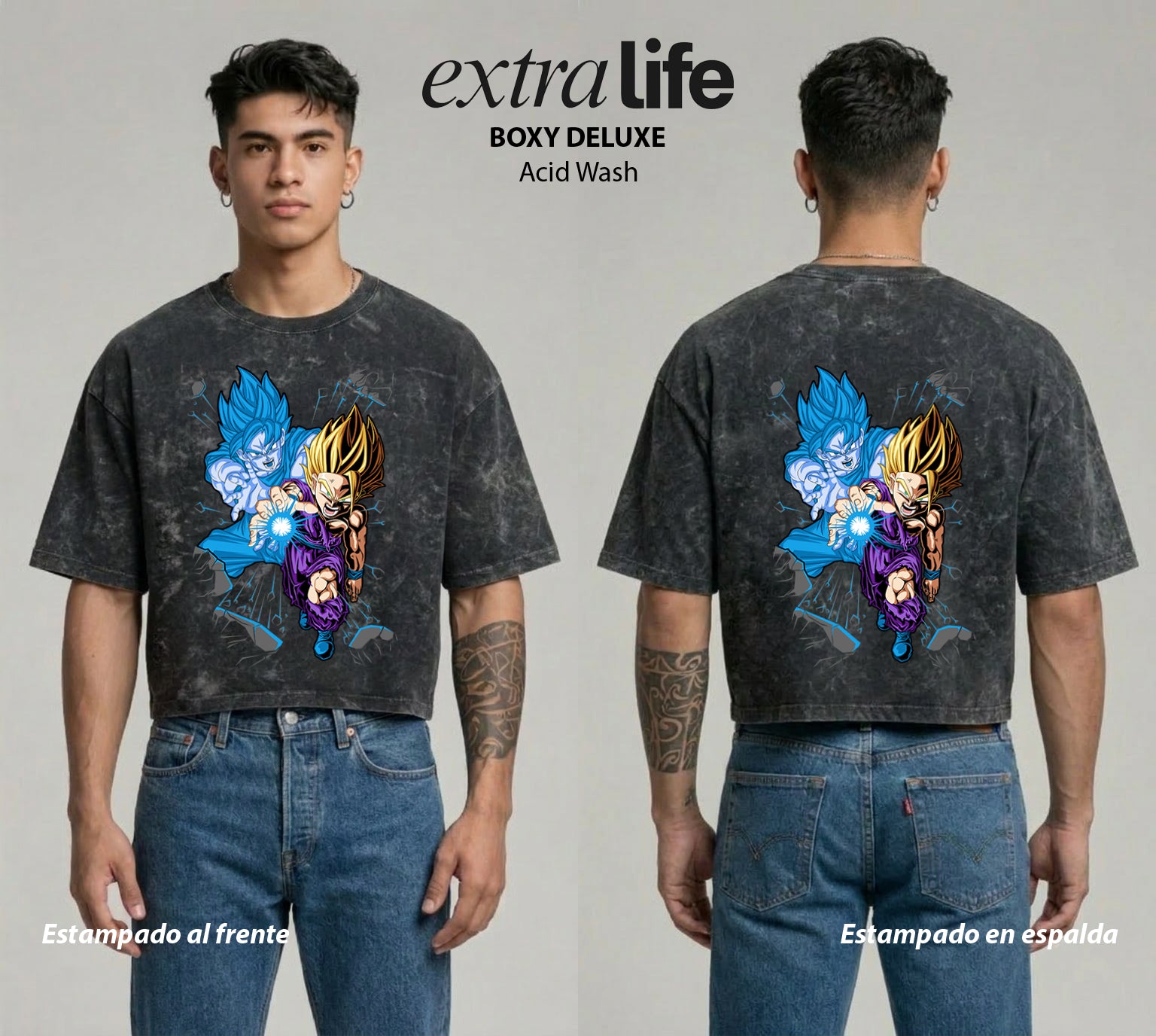 Playera streetwear premium de anime y gaming ExtraLife MX, corte boxy deluxe mineral wash heavyweight en color Acid Wash, moda urbana mexicana de culto.