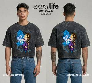 Playera streetwear premium de anime y gaming ExtraLife MX, corte boxy deluxe mineral wash heavyweight en color Acid Wash, moda urbana mexicana de culto.