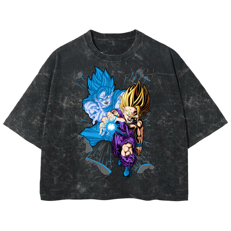 Playera streetwear premium de anime y gaming ExtraLife MX, corte boxy deluxe mineral wash heavyweight en color Acid Wash, moda urbana mexicana de culto.