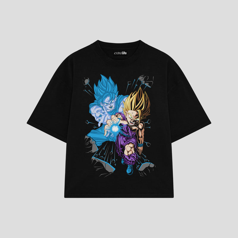 Playera streetwear premium de anime y gaming ExtraLife MX, corte boxy oversized drop shoulder heavyweight en color Deep Black y Off-White, moda urbana mexicana de culto.