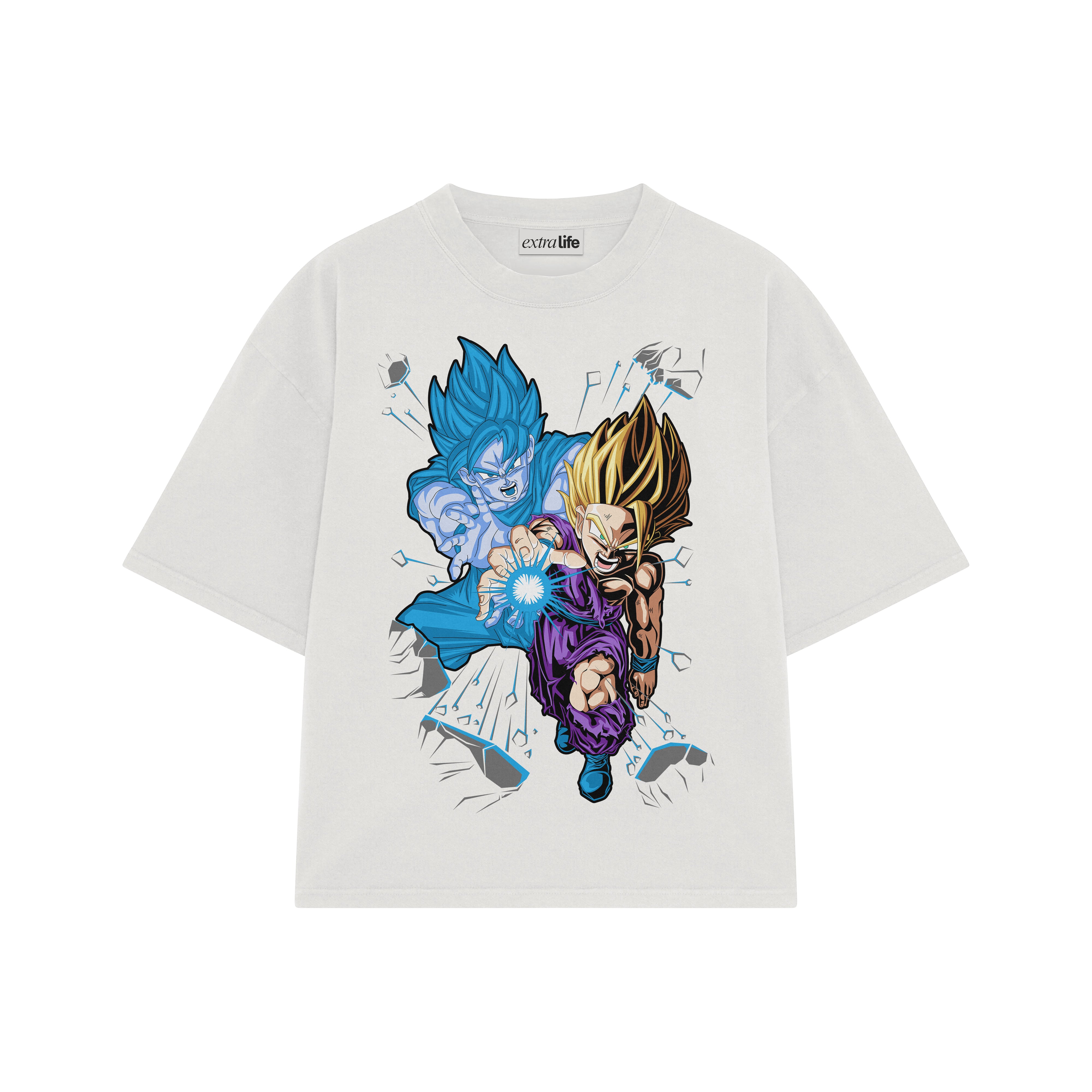 Playera streetwear premium de anime y gaming ExtraLife MX, corte boxy oversized drop shoulder heavyweight en color Deep Black y Off-White, moda urbana mexicana de culto.