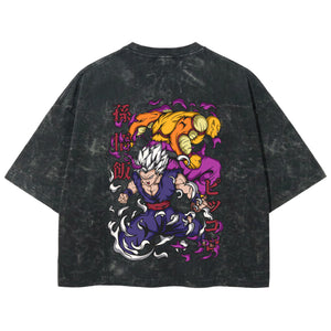 Playera streetwear premium de anime y gaming ExtraLife MX, corte boxy deluxe mineral wash heavyweight en color Acid Wash, moda urbana mexicana de culto.