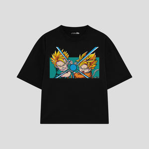 Playera streetwear premium de anime y gaming ExtraLife MX, corte boxy oversized drop shoulder heavyweight en color Deep Black y Off-White, moda urbana mexicana de culto.
