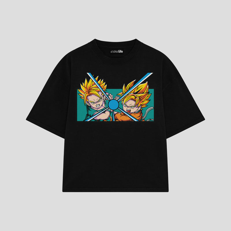 Playera streetwear premium de anime y gaming ExtraLife MX, corte boxy oversized drop shoulder heavyweight en color Deep Black y Off-White, moda urbana mexicana de culto.