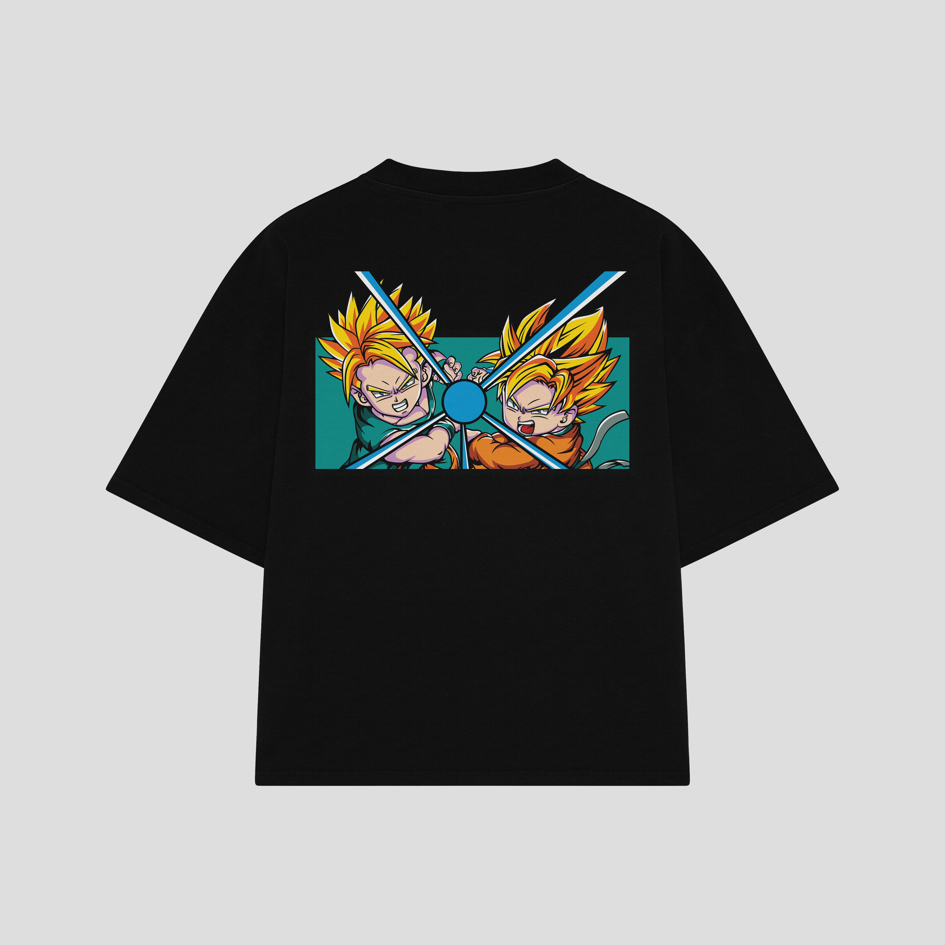 Playera streetwear premium de anime y gaming ExtraLife MX, corte boxy oversized drop shoulder heavyweight en color Deep Black y Off-White, moda urbana mexicana de culto.