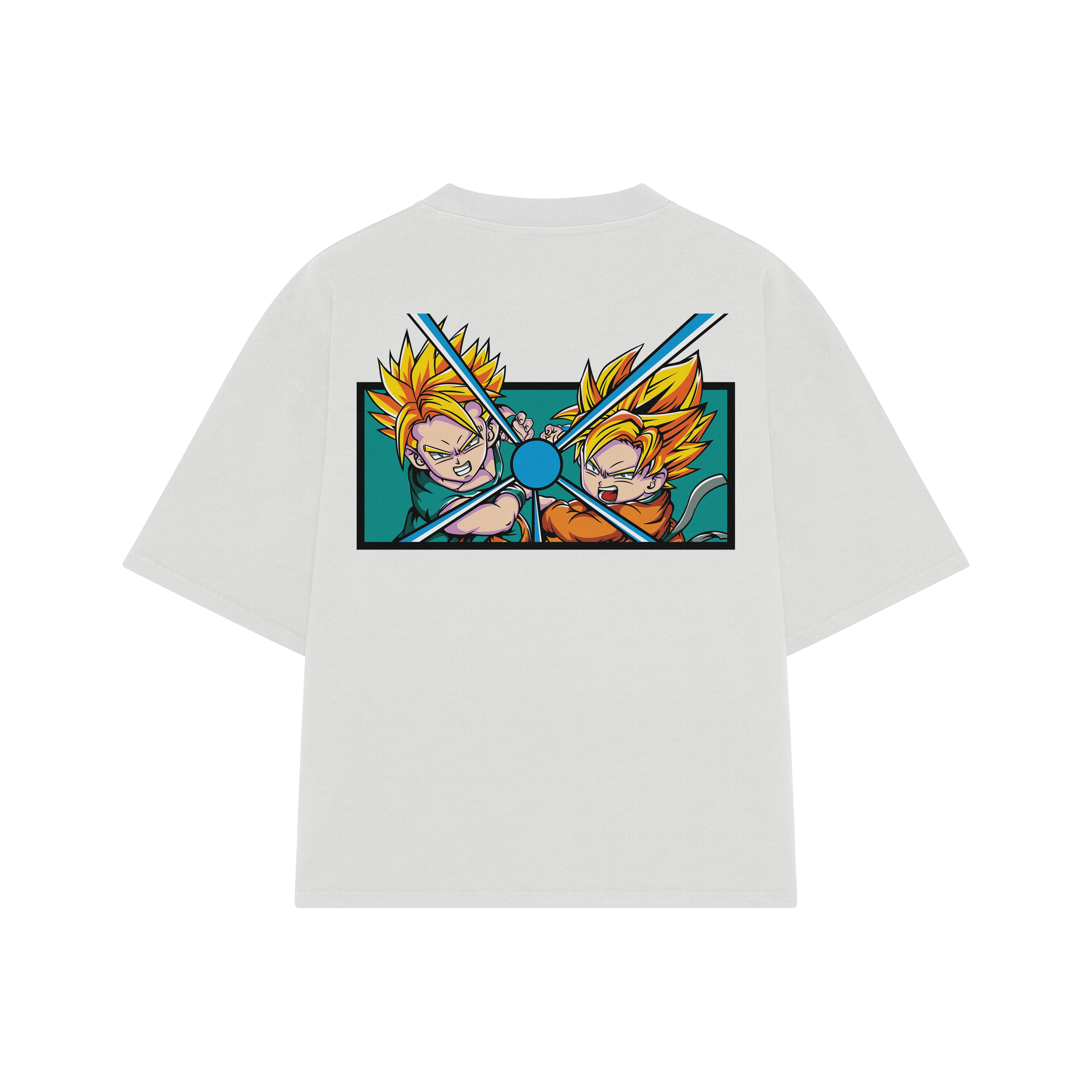 Playera streetwear premium de anime y gaming ExtraLife MX, corte boxy oversized drop shoulder heavyweight en color Deep Black y Off-White, moda urbana mexicana de culto.