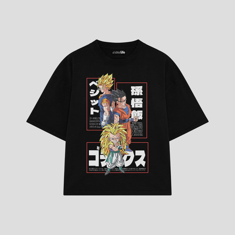 Playera streetwear premium de anime y gaming ExtraLife MX, corte boxy oversized drop shoulder heavyweight en color Deep Black y Off-White, moda urbana mexicana de culto.