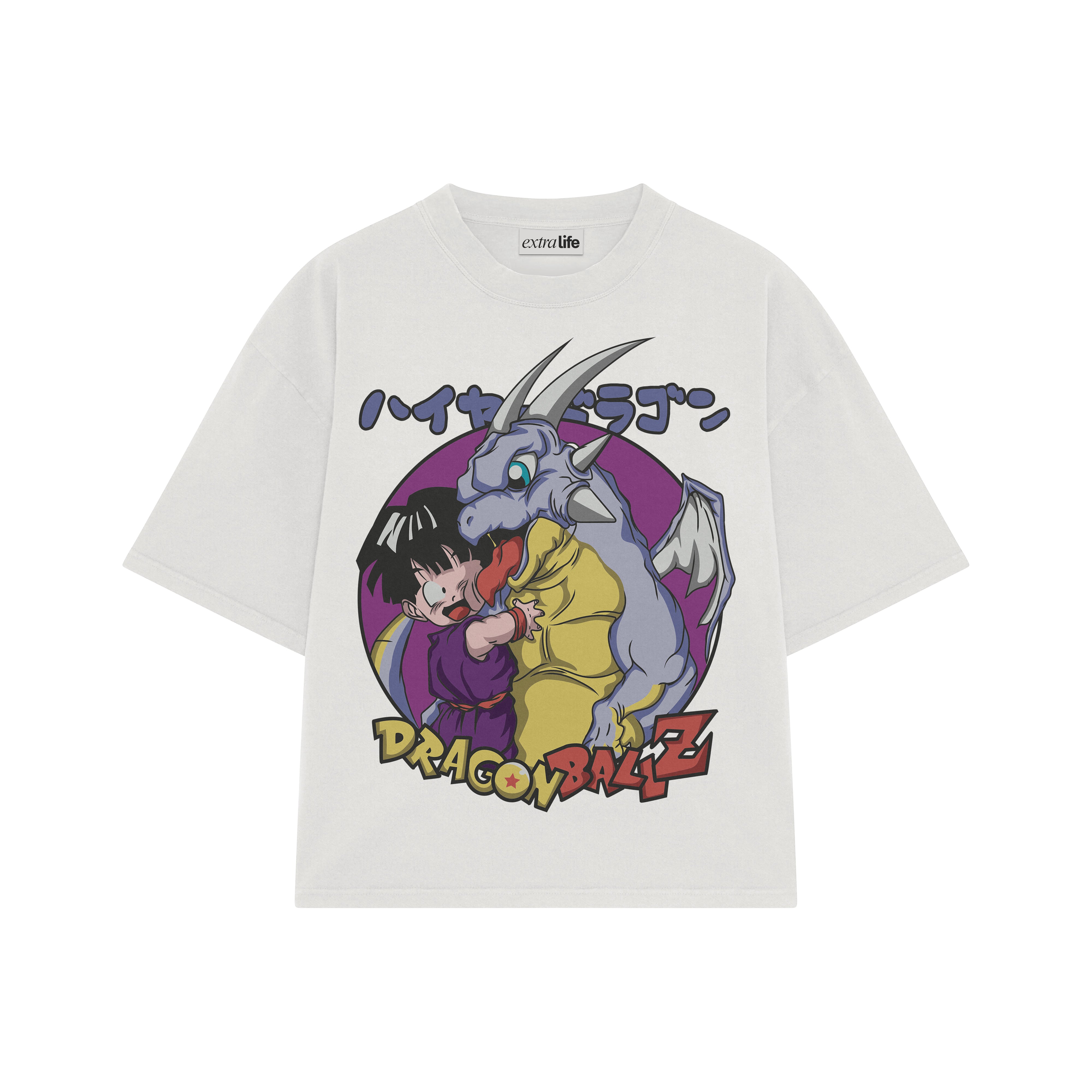 Playera streetwear premium de anime y gaming ExtraLife MX, corte boxy oversized drop shoulder heavyweight en color Deep Black y Off-White, moda urbana mexicana de culto.
