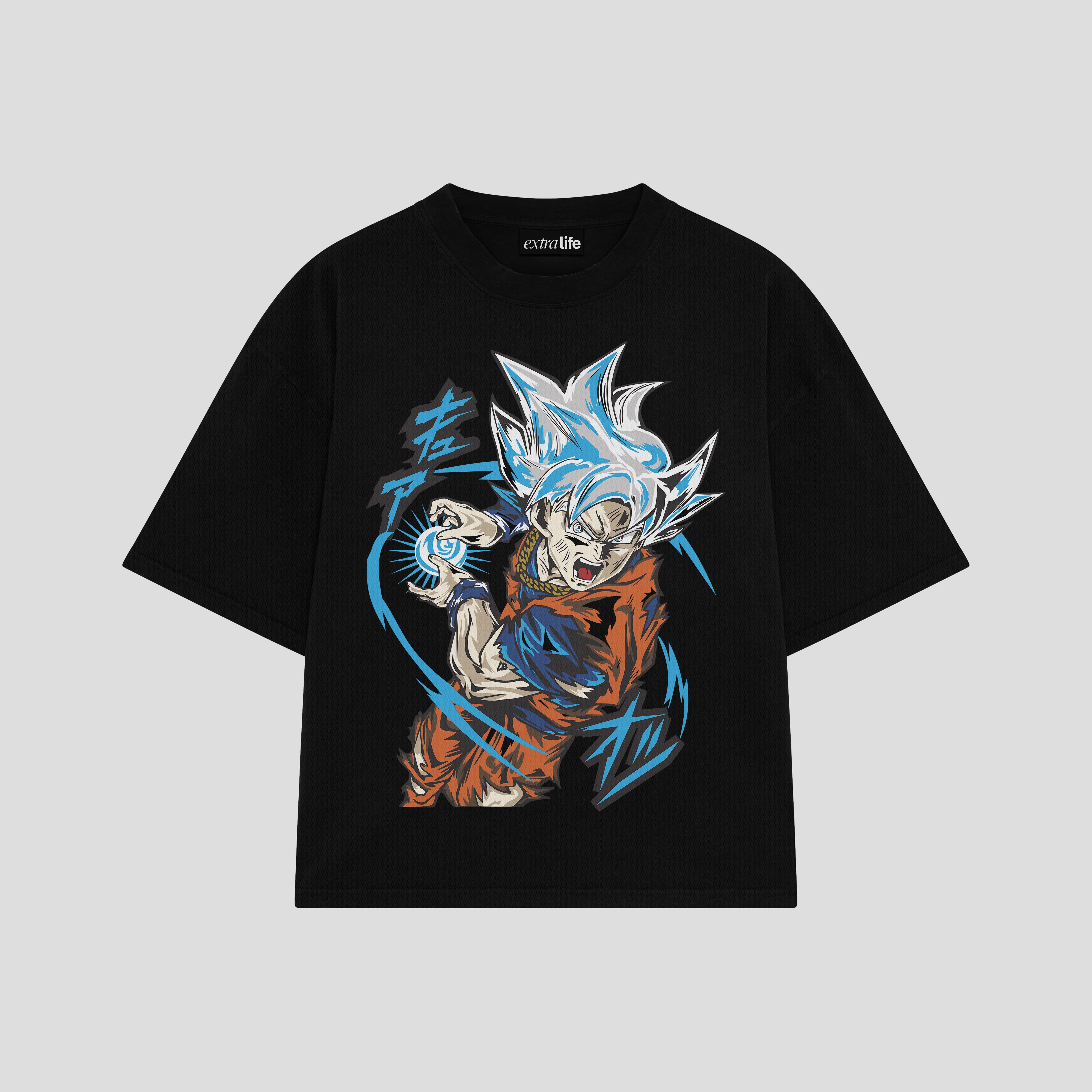 Playera streetwear premium de anime y gaming ExtraLife MX, corte boxy oversized drop shoulder heavyweight en color Deep Black y Off-White, moda urbana mexicana de culto.