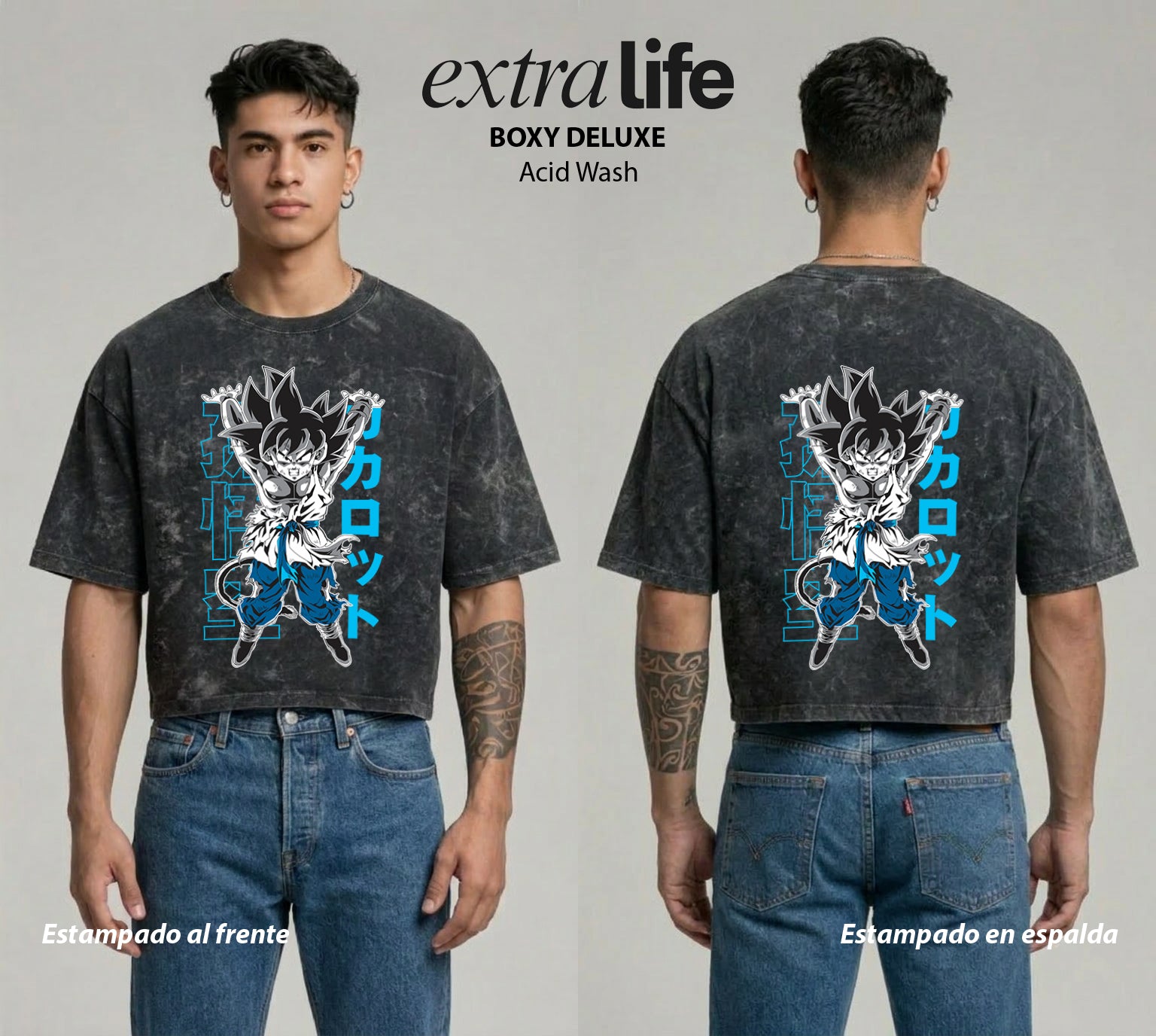 Playera streetwear premium de anime y gaming ExtraLife MX, corte boxy deluxe mineral wash heavyweight en color Acid Wash, moda urbana mexicana de culto.