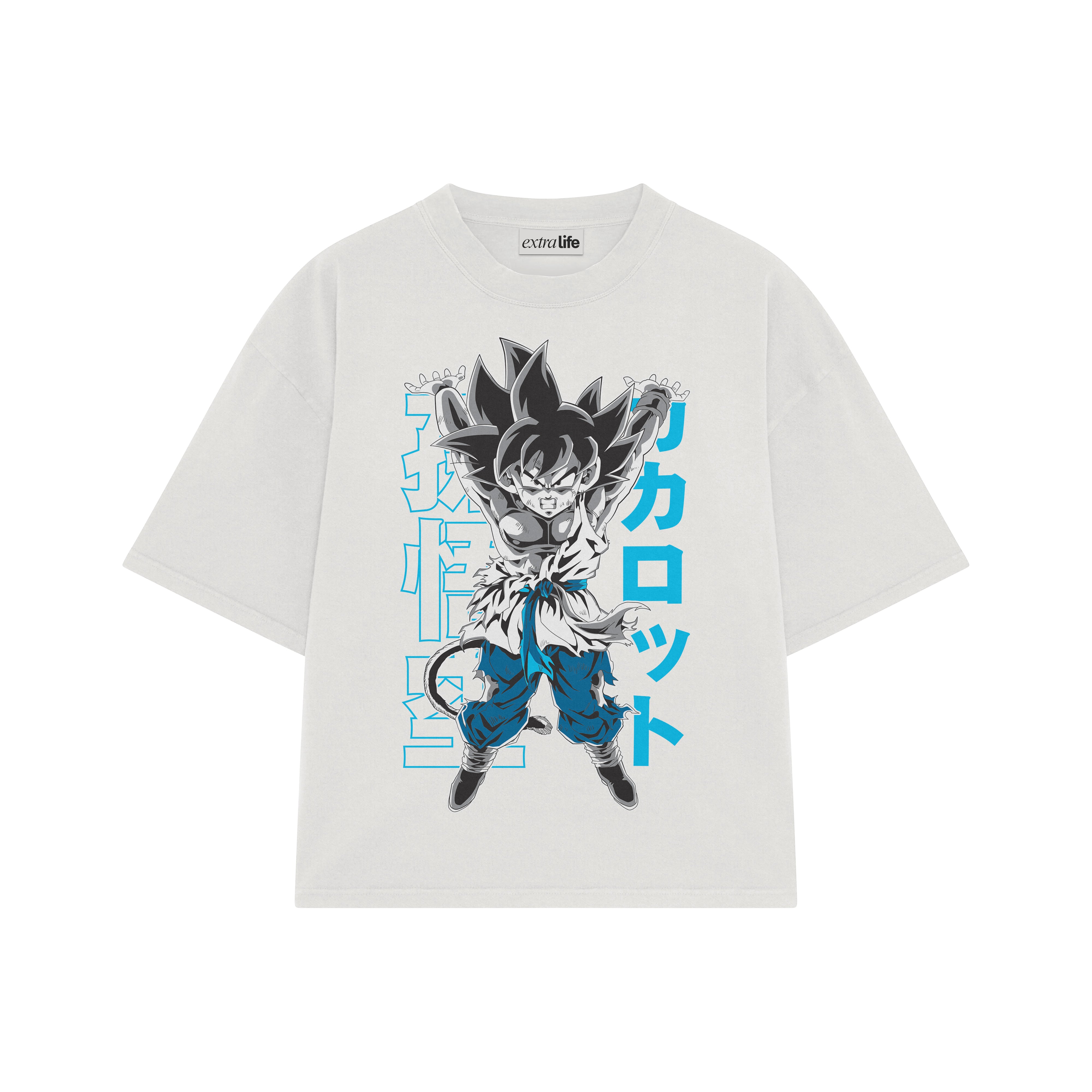 Playera streetwear premium de anime y gaming ExtraLife MX, corte boxy oversized drop shoulder heavyweight en color Deep Black y Off-White, moda urbana mexicana de culto.
