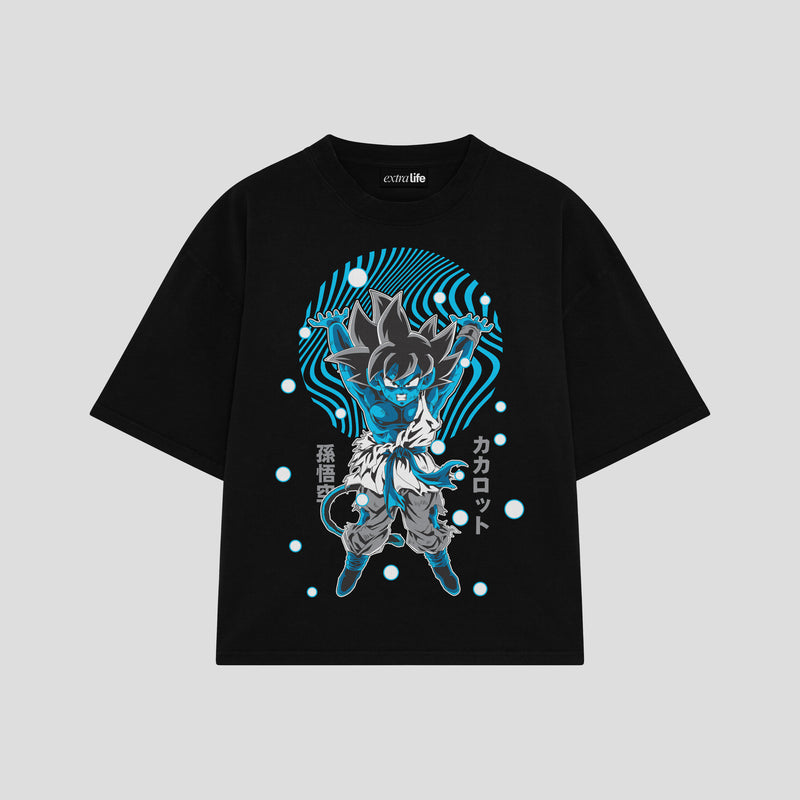 Playera streetwear premium de anime y gaming ExtraLife MX, corte boxy oversized drop shoulder heavyweight en color Deep Black y Off-White, moda urbana mexicana de culto.