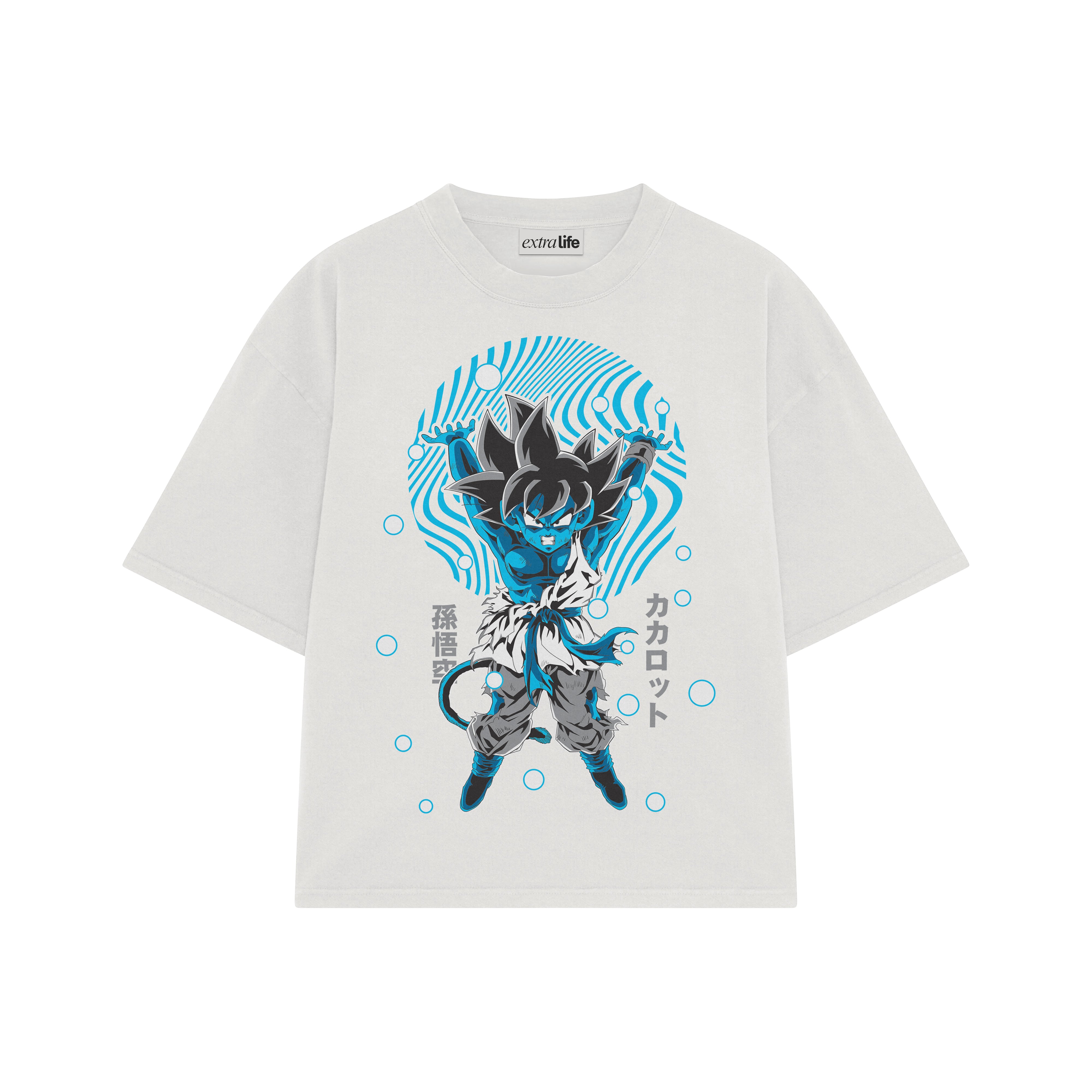 Playera streetwear premium de anime y gaming ExtraLife MX, corte boxy oversized drop shoulder heavyweight en color Deep Black y Off-White, moda urbana mexicana de culto.