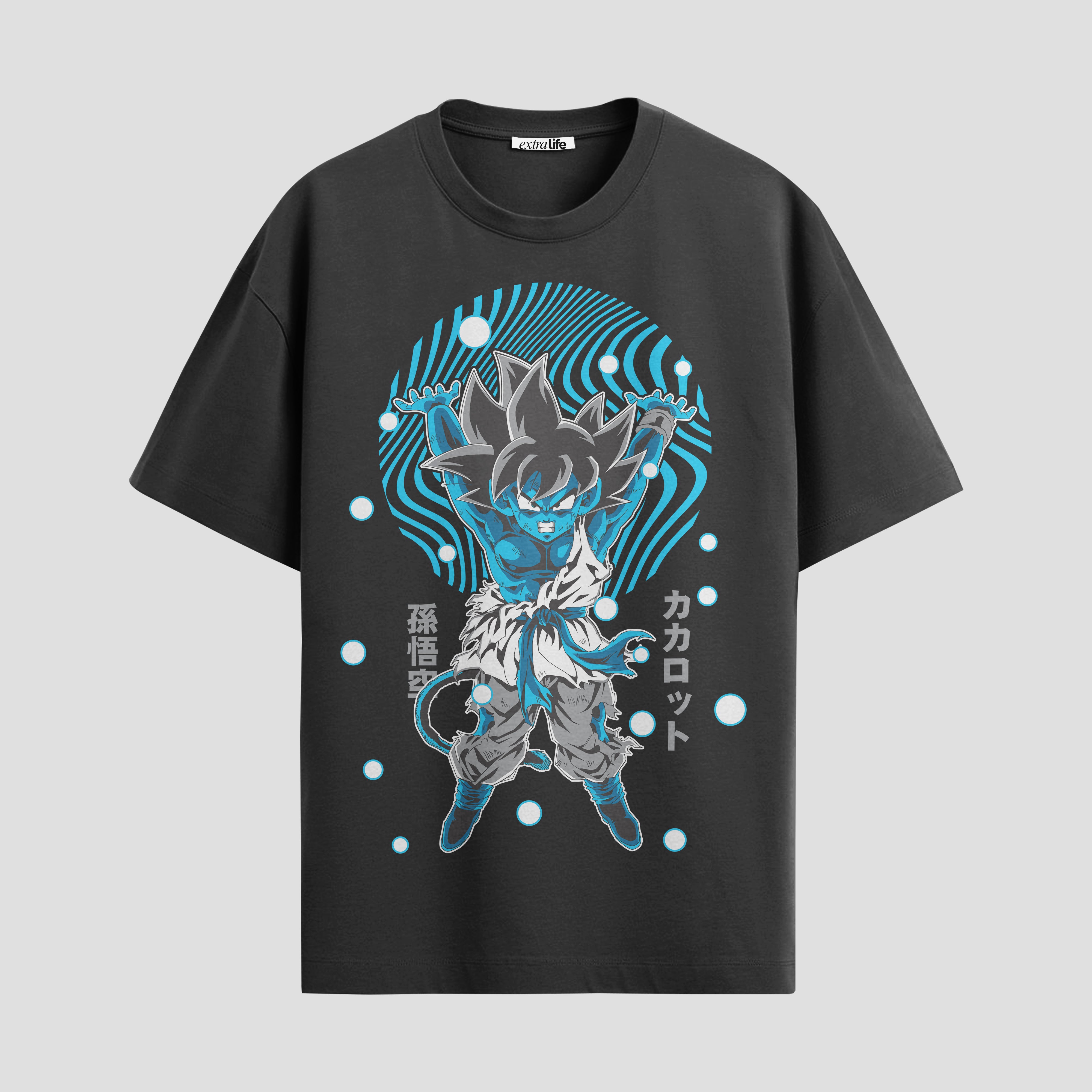 Playera urbana de anime y gaming ExtraLife MX, corte Standard Fit unisex ligero y transpirable en color Deep Black y Pure White, ropa de uso diario para gym y casual.