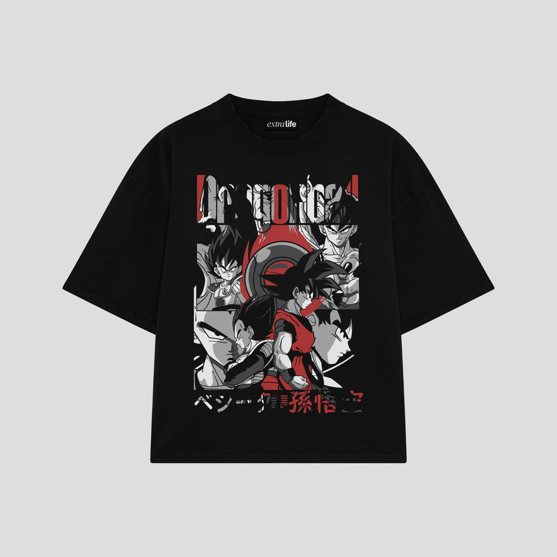Playera streetwear premium de anime y gaming ExtraLife MX, corte boxy oversized drop shoulder heavyweight en color Deep Black y Off-White, moda urbana mexicana de culto.