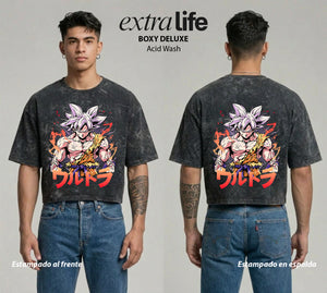 Playera streetwear premium de anime y gaming ExtraLife MX, corte boxy deluxe mineral wash heavyweight en color Acid Wash, moda urbana mexicana de culto.