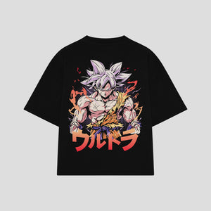 Playera streetwear premium de anime y gaming ExtraLife MX, corte boxy oversized drop shoulder heavyweight en color Deep Black y Off-White, moda urbana mexicana de culto.