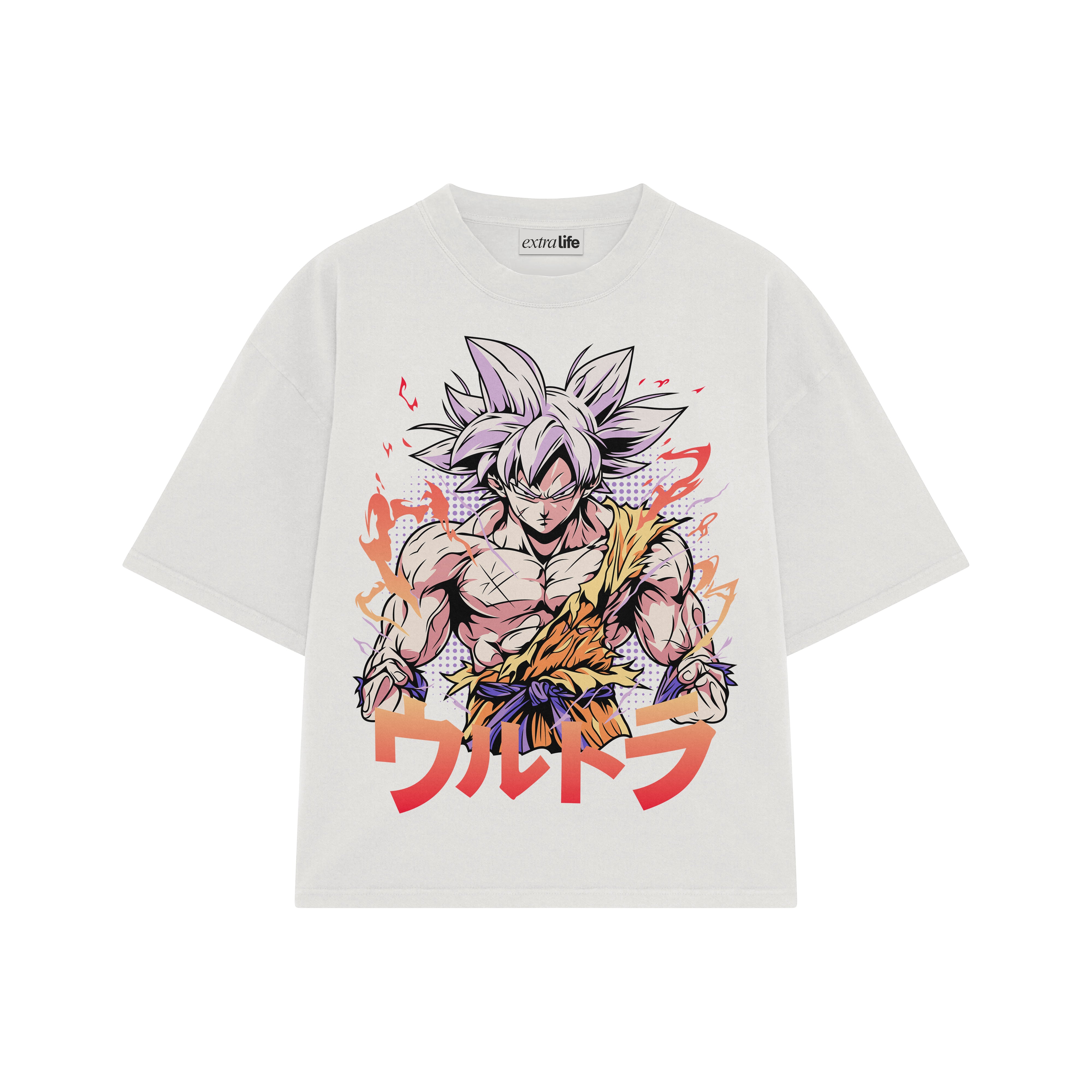 Playera streetwear premium de anime y gaming ExtraLife MX, corte boxy oversized drop shoulder heavyweight en color Deep Black y Off-White, moda urbana mexicana de culto.