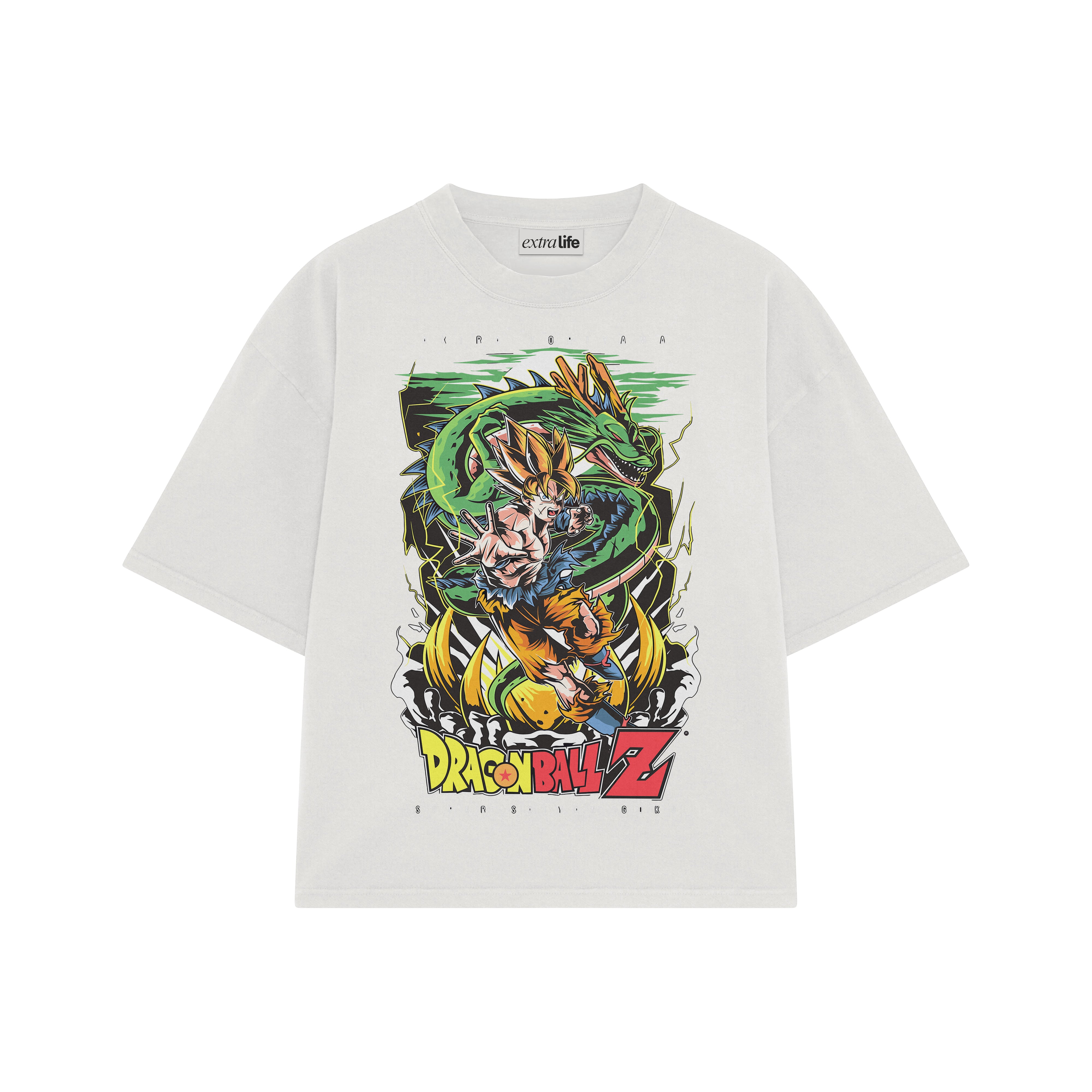 Playera streetwear premium de anime y gaming ExtraLife MX, corte boxy oversized drop shoulder heavyweight en color Deep Black y Off-White, moda urbana mexicana de culto.
