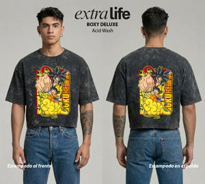 Playera streetwear premium de anime y gaming ExtraLife MX, corte boxy deluxe mineral wash heavyweight en color Acid Wash, moda urbana mexicana de culto.