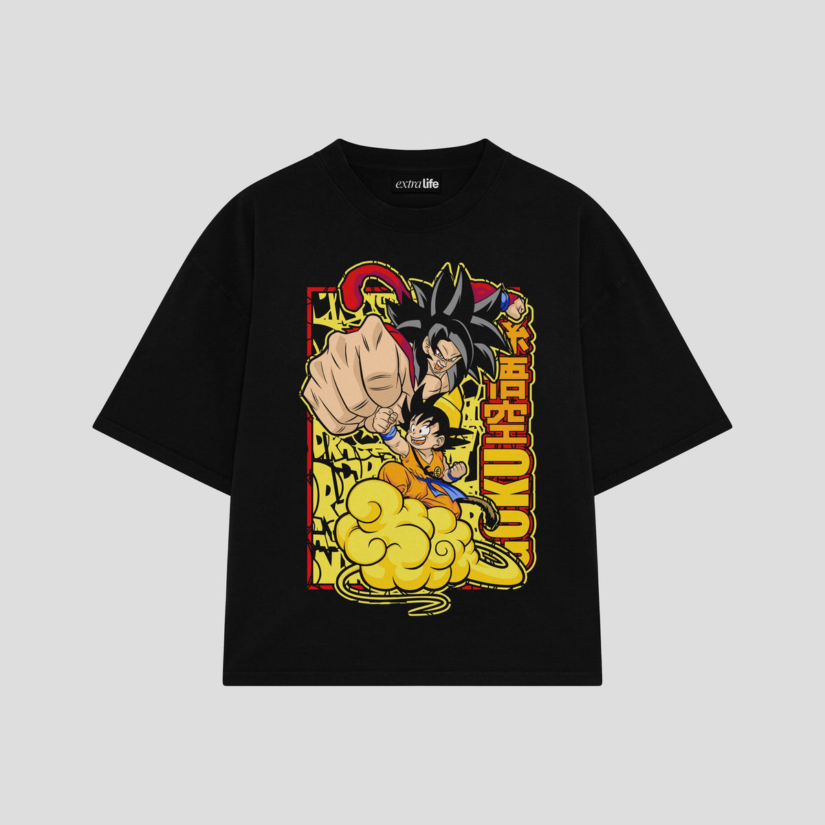 Playera streetwear premium de anime y gaming ExtraLife MX, corte oversized drop shoulder ligero y fresco en color Deep Black y Off-White, moda urbana mexicana de culto.