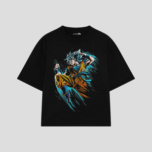 Playera streetwear premium de anime y gaming ExtraLife MX, corte boxy oversized drop shoulder heavyweight en color Deep Black y Off-White, moda urbana mexicana de culto.