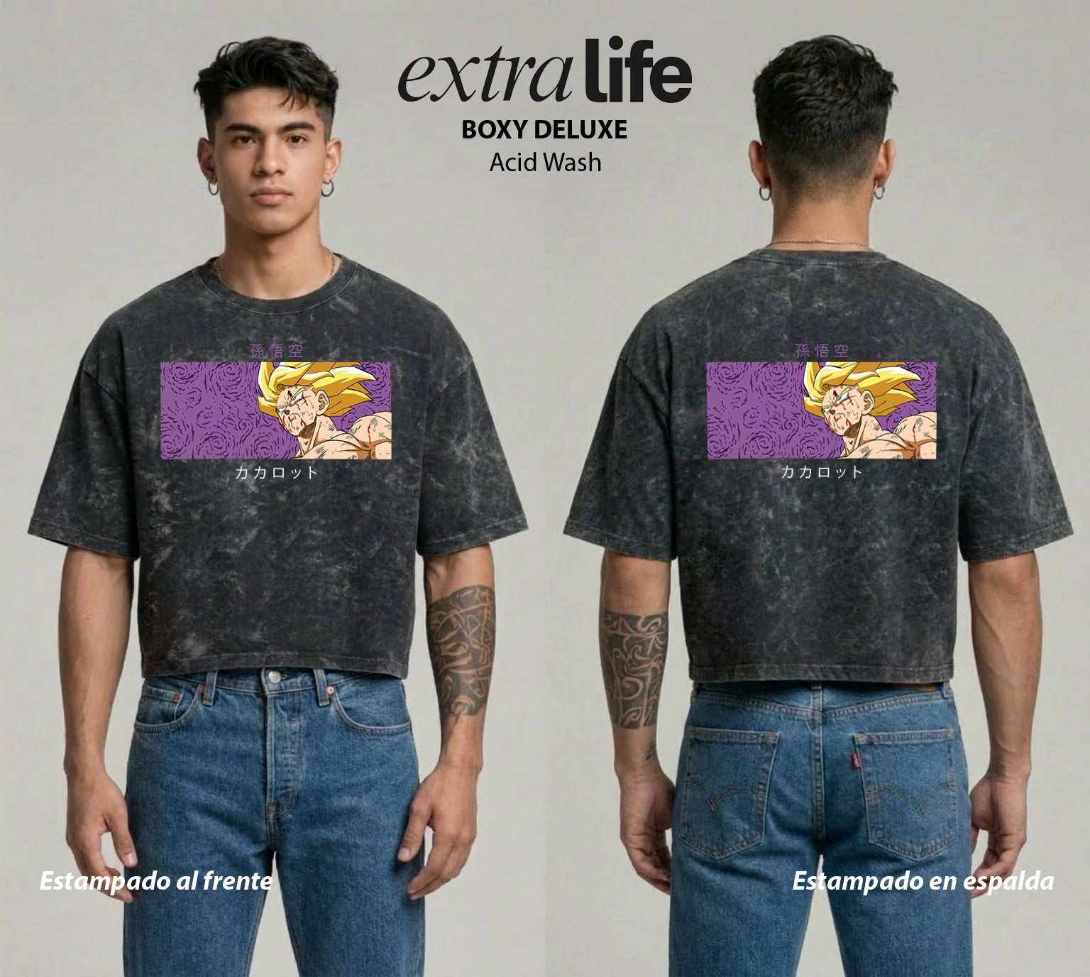 Playera streetwear premium de anime y gaming ExtraLife MX, corte boxy deluxe mineral wash heavyweight en color Acid Wash, moda urbana mexicana de culto.