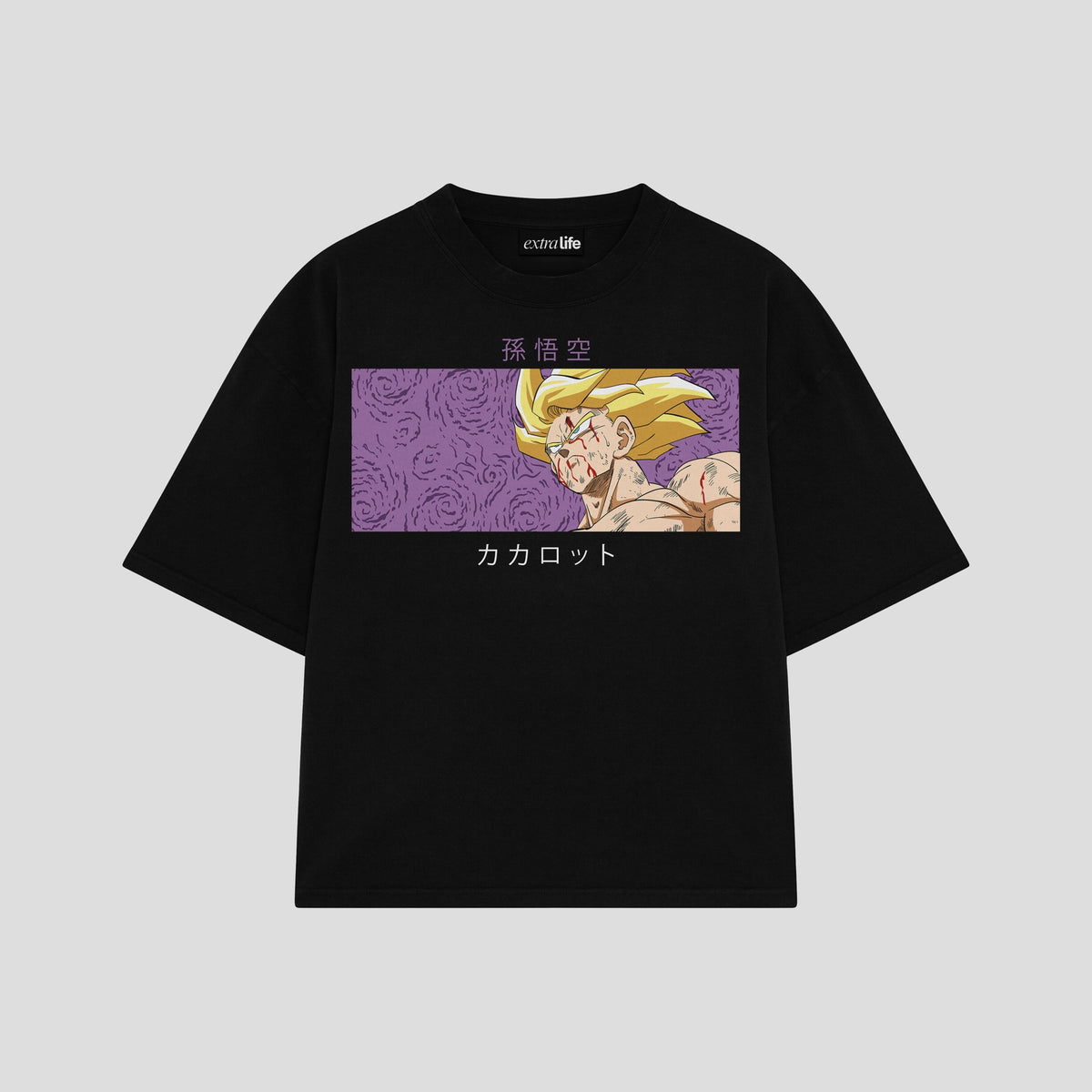 Playera streetwear premium de anime y gaming ExtraLife MX, corte oversized drop shoulder ligero y fresco en color Deep Black y Off-White, moda urbana mexicana de culto.