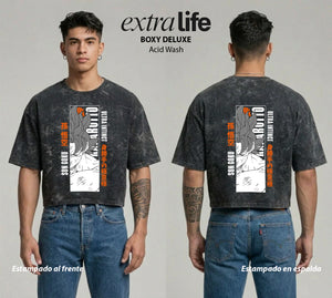 Playera streetwear premium de anime y gaming ExtraLife MX, corte boxy deluxe mineral wash heavyweight en color Acid Wash, moda urbana mexicana de culto.