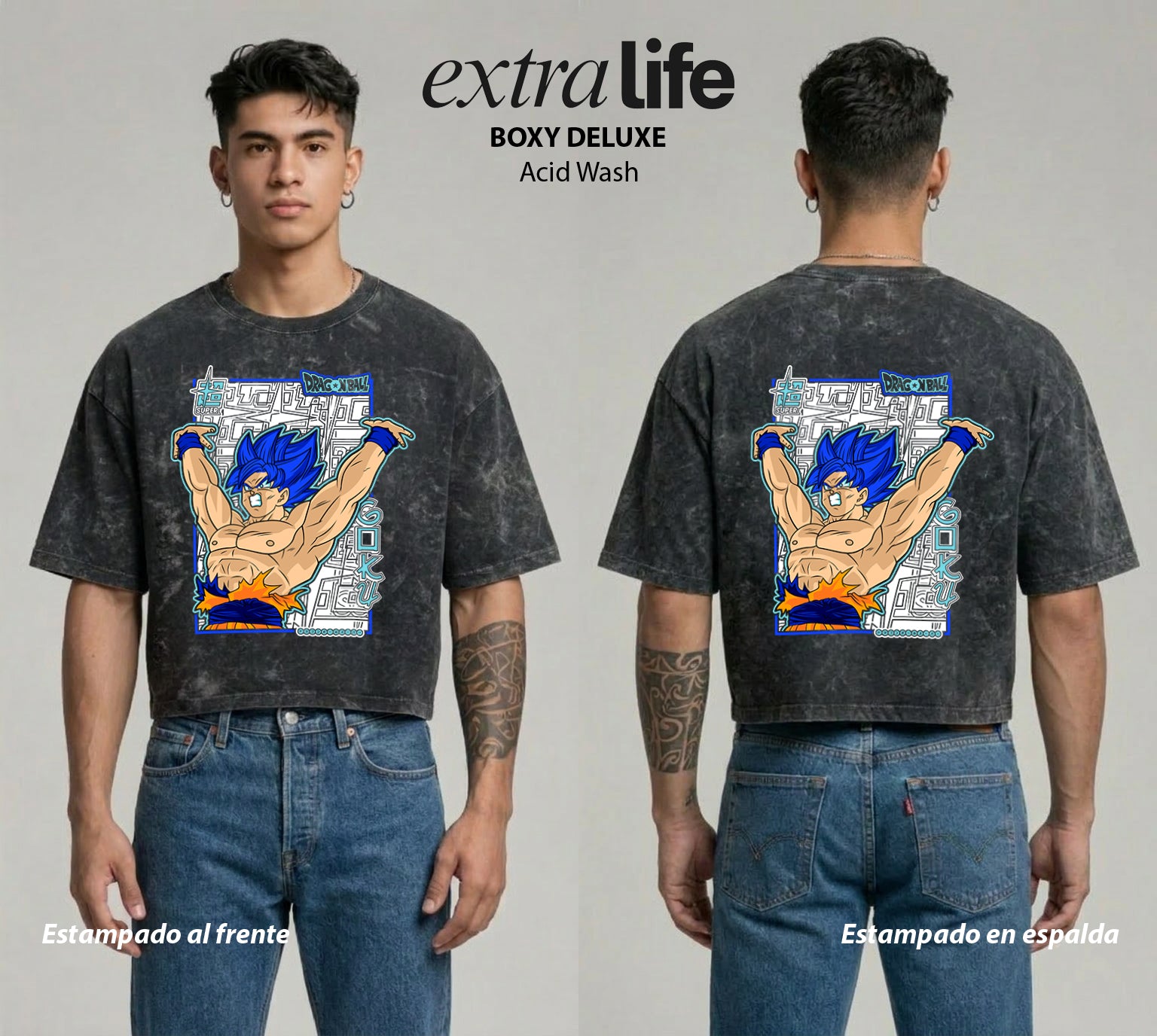 Playera streetwear premium de anime y gaming ExtraLife MX, corte boxy deluxe mineral wash heavyweight en color Acid Wash, moda urbana mexicana de culto.