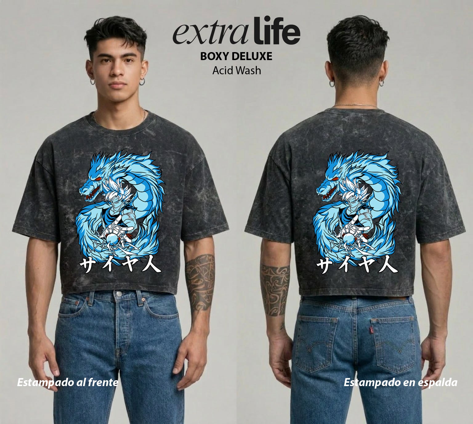 Playera streetwear premium de anime y gaming ExtraLife MX, corte boxy deluxe mineral wash heavyweight en color Acid Wash, moda urbana mexicana de culto.