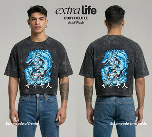 Playera streetwear premium de anime y gaming ExtraLife MX, corte boxy deluxe mineral wash heavyweight en color Acid Wash, moda urbana mexicana de culto.