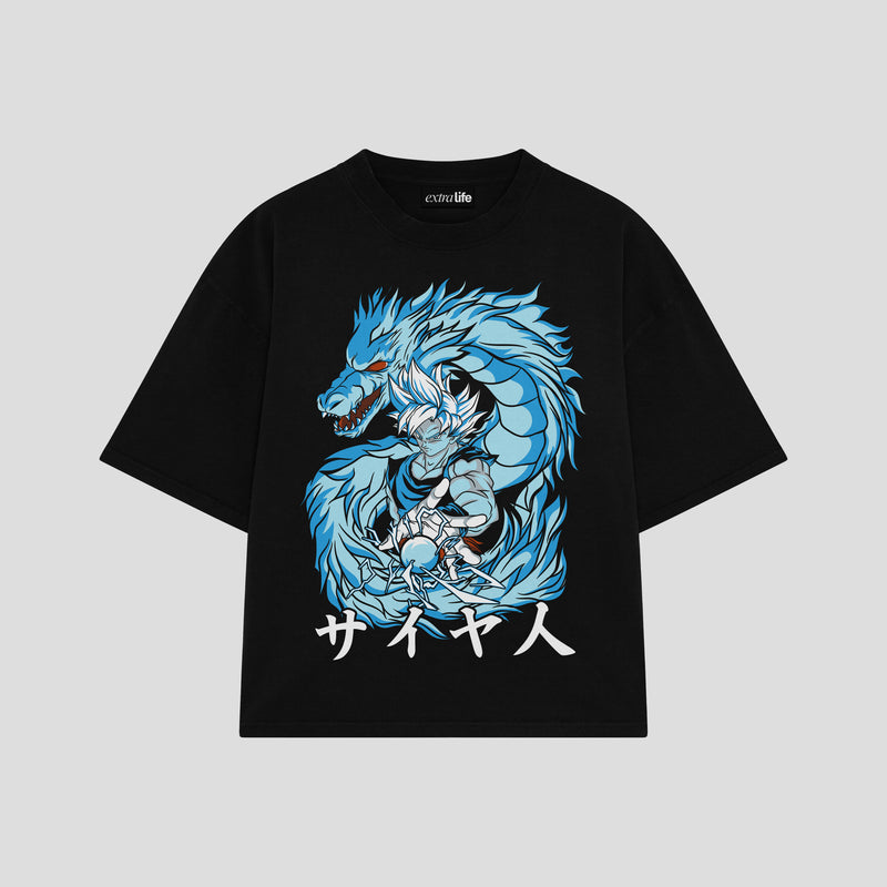 Playera streetwear premium de anime y gaming ExtraLife MX, corte boxy oversized drop shoulder heavyweight en color Deep Black y Off-White, moda urbana mexicana de culto.
