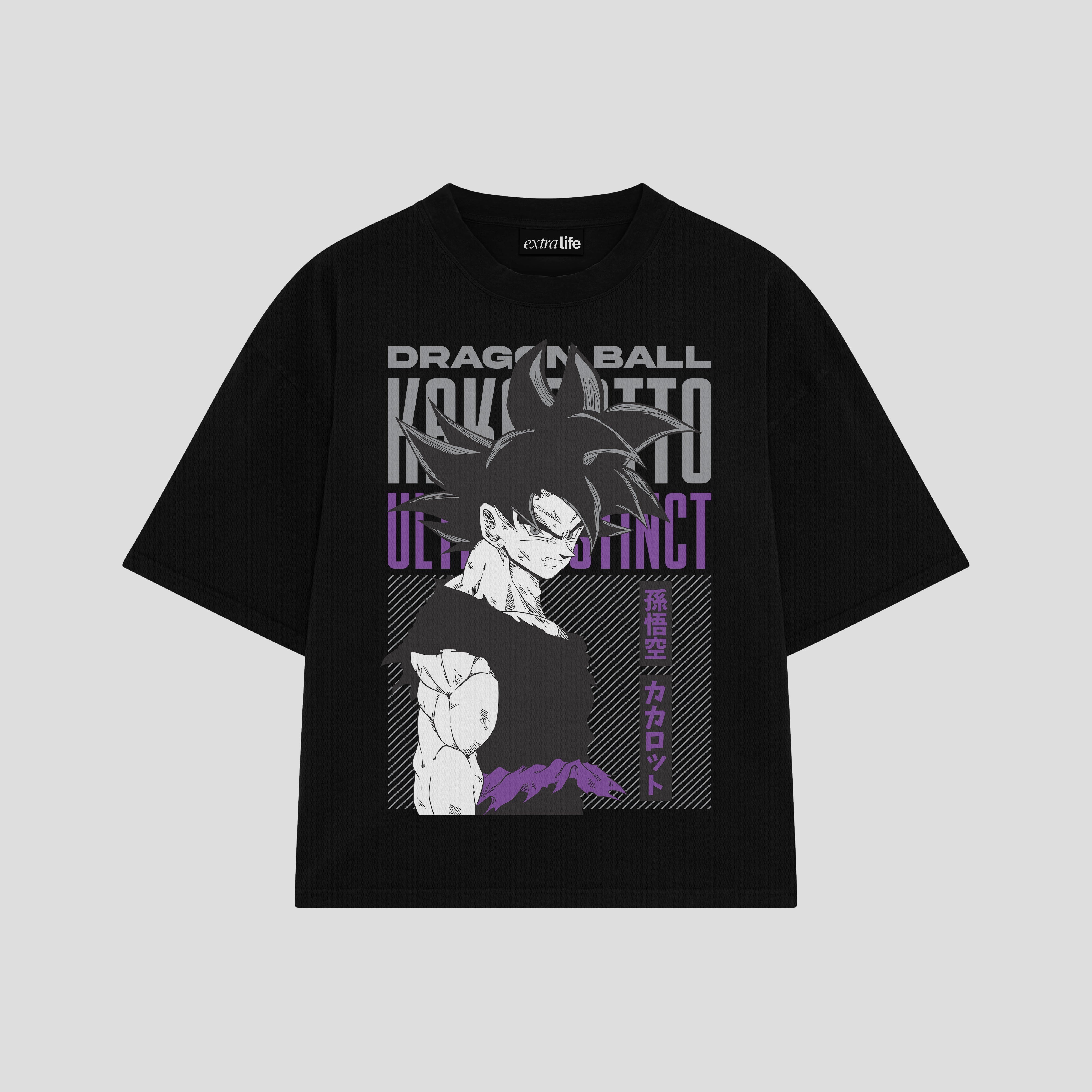 Playera streetwear premium de anime y gaming ExtraLife MX, corte boxy oversized drop shoulder heavyweight en color Deep Black y Off-White, moda urbana mexicana de culto.