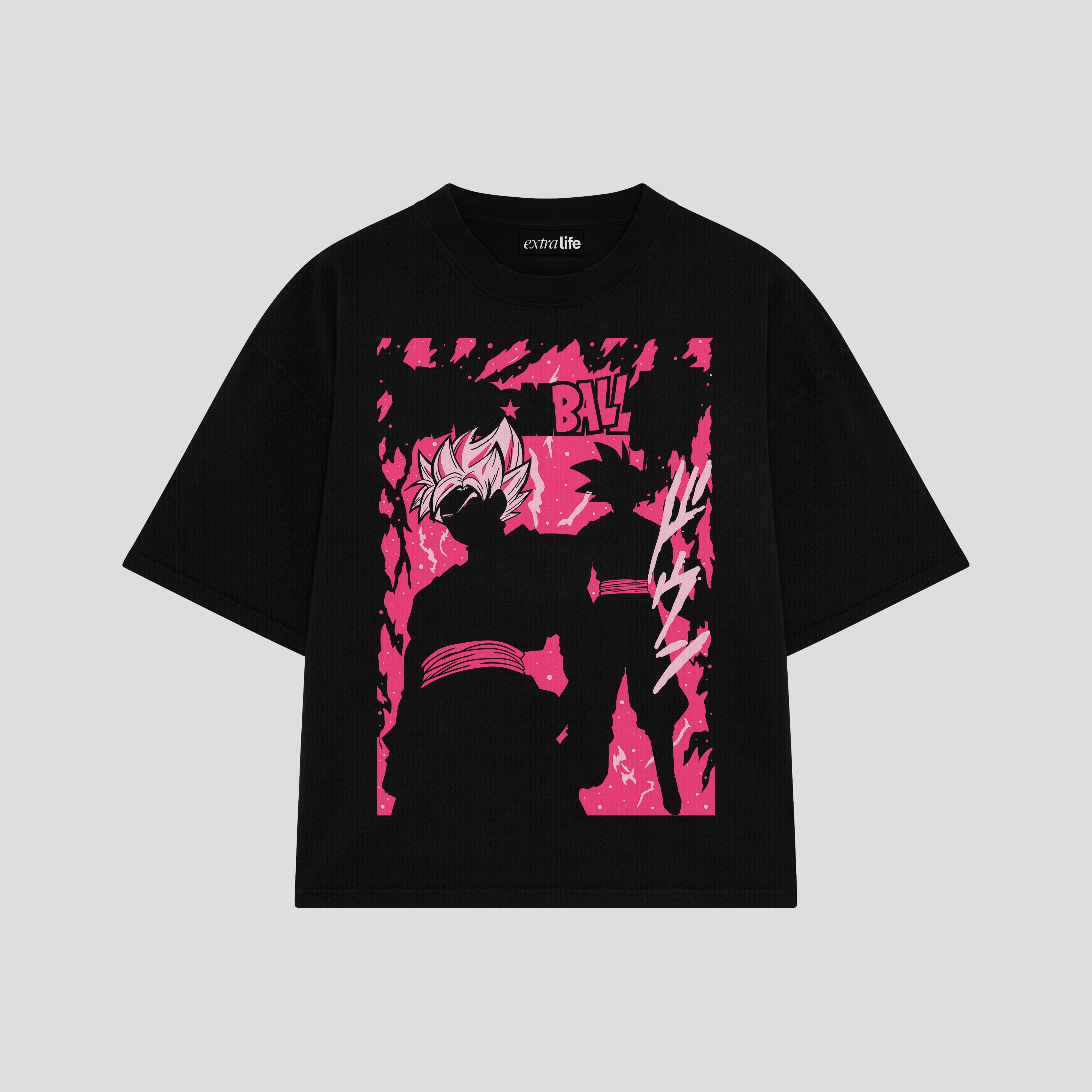 Playera streetwear premium de anime y gaming ExtraLife MX, corte boxy oversized drop shoulder heavyweight en color Deep Black y Off-White, moda urbana mexicana de culto.
