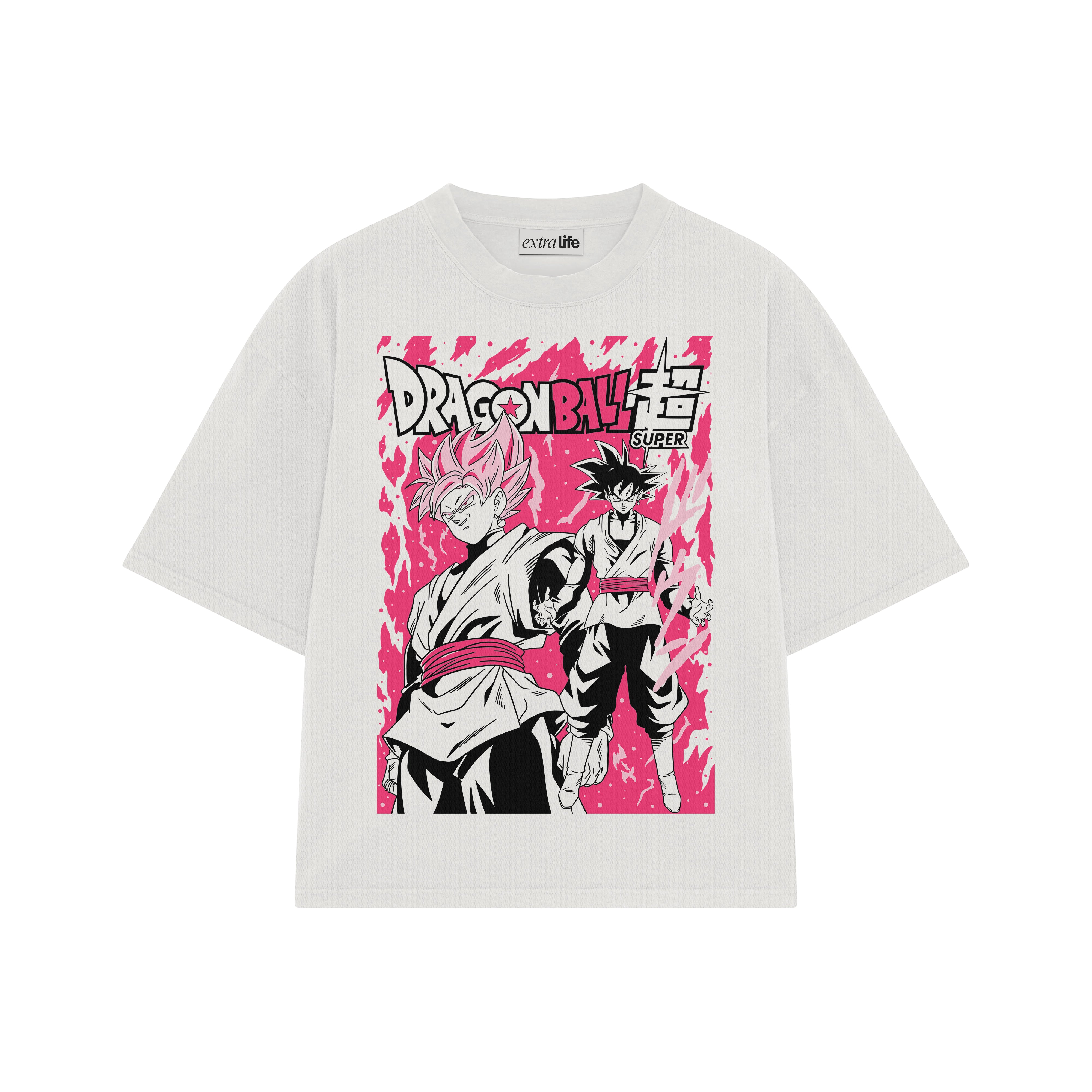 Playera streetwear premium de anime y gaming ExtraLife MX, corte boxy oversized drop shoulder heavyweight en color Deep Black y Off-White, moda urbana mexicana de culto.