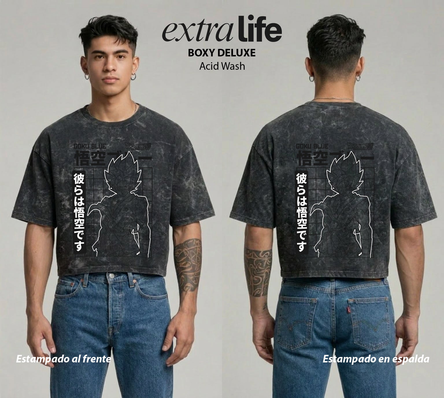 Playera streetwear premium de anime y gaming ExtraLife MX, corte boxy deluxe mineral wash heavyweight en color Acid Wash, moda urbana mexicana de culto.