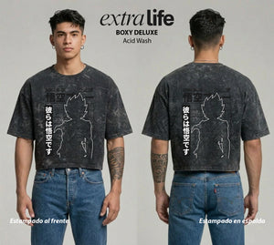Playera streetwear premium de anime y gaming ExtraLife MX, corte boxy deluxe mineral wash heavyweight en color Acid Wash, moda urbana mexicana de culto.