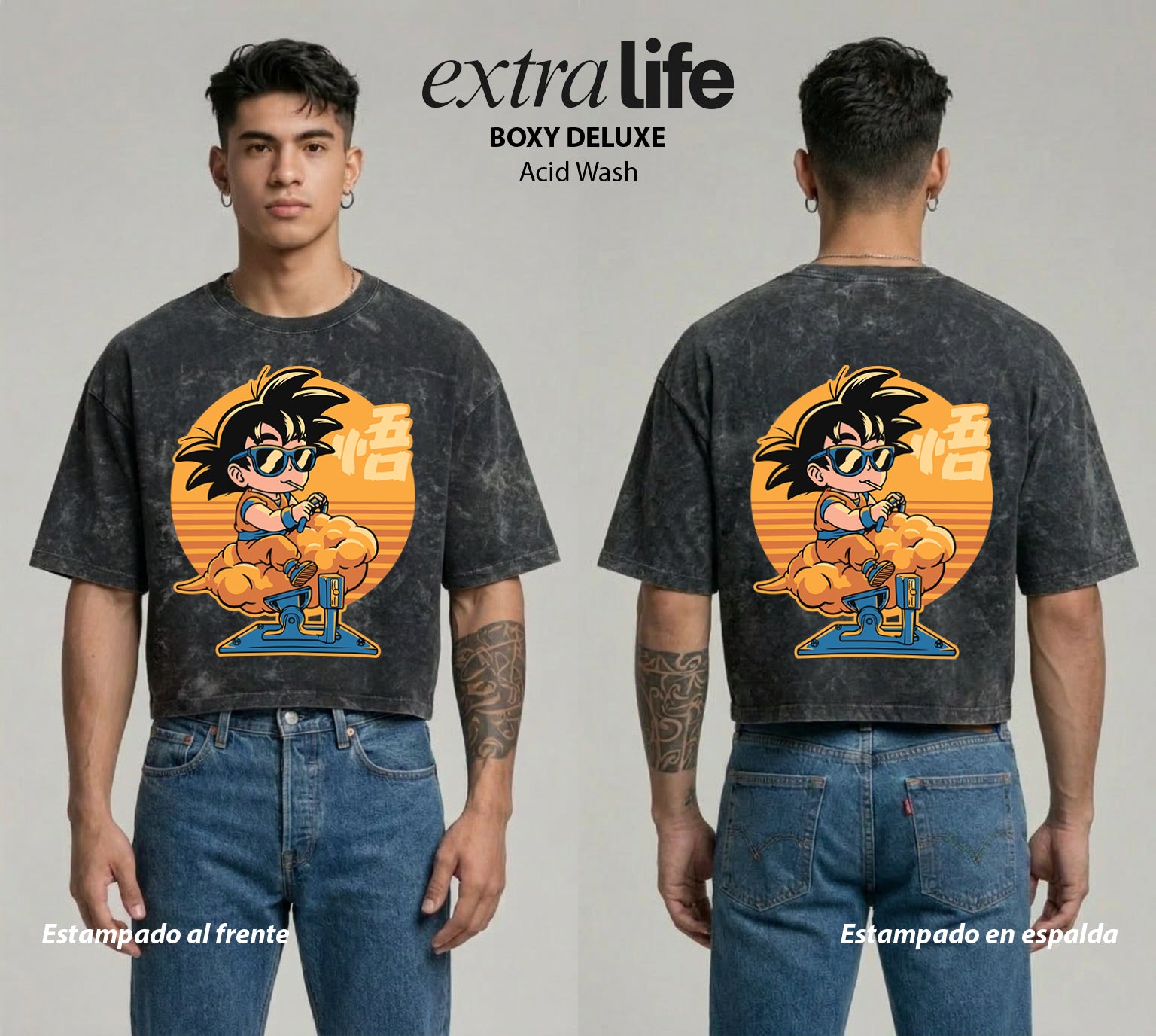 Playera streetwear premium de anime y gaming ExtraLife MX, corte boxy deluxe mineral wash heavyweight en color Acid Wash, moda urbana mexicana de culto.
