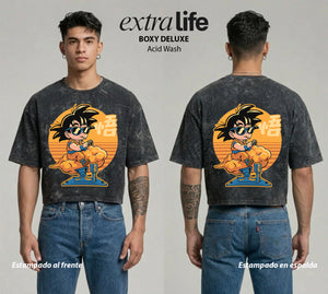 Playera streetwear premium de anime y gaming ExtraLife MX, corte boxy deluxe mineral wash heavyweight en color Acid Wash, moda urbana mexicana de culto.