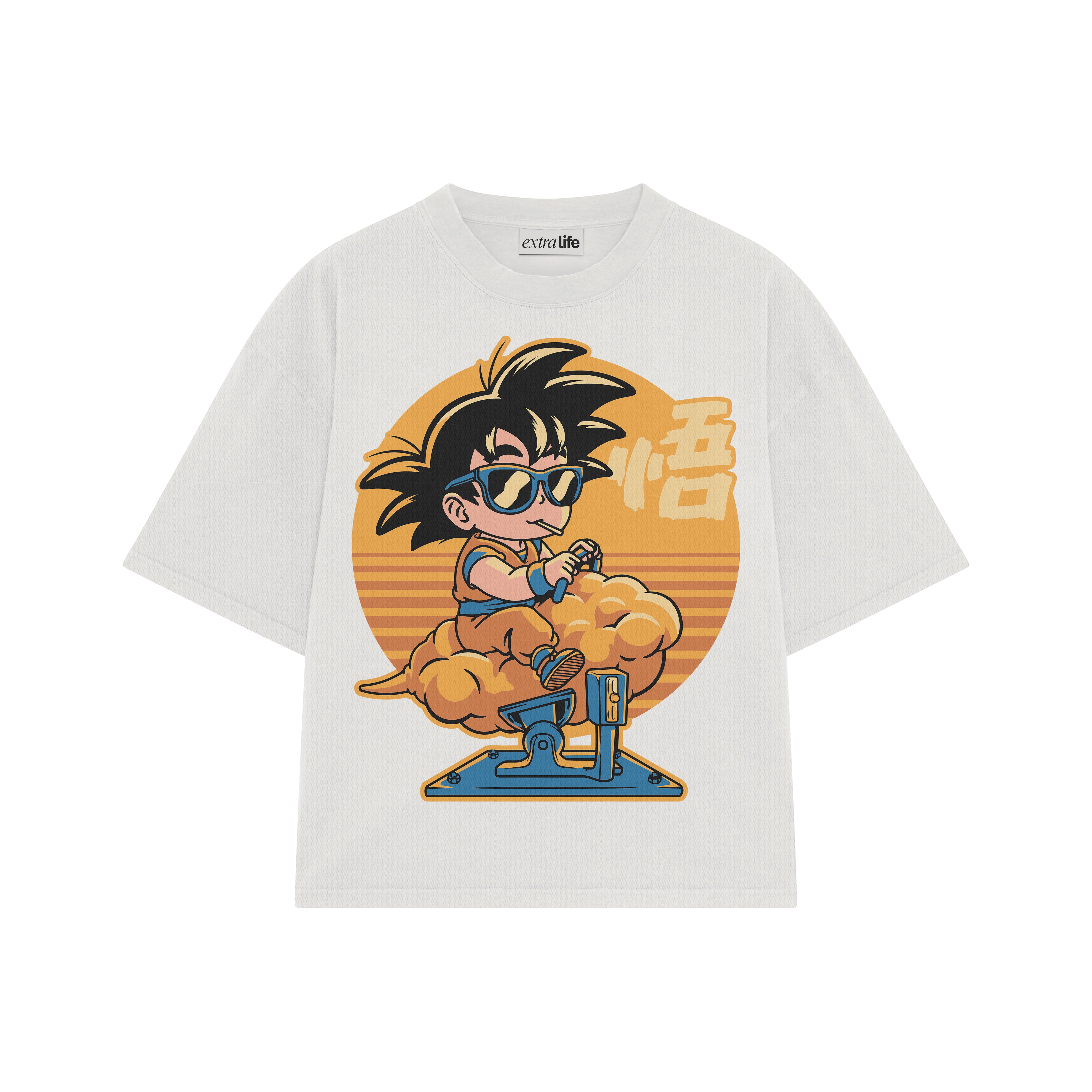 Playera streetwear premium de anime y gaming ExtraLife MX, corte boxy oversized drop shoulder heavyweight en color Deep Black y Off-White, moda urbana mexicana de culto.