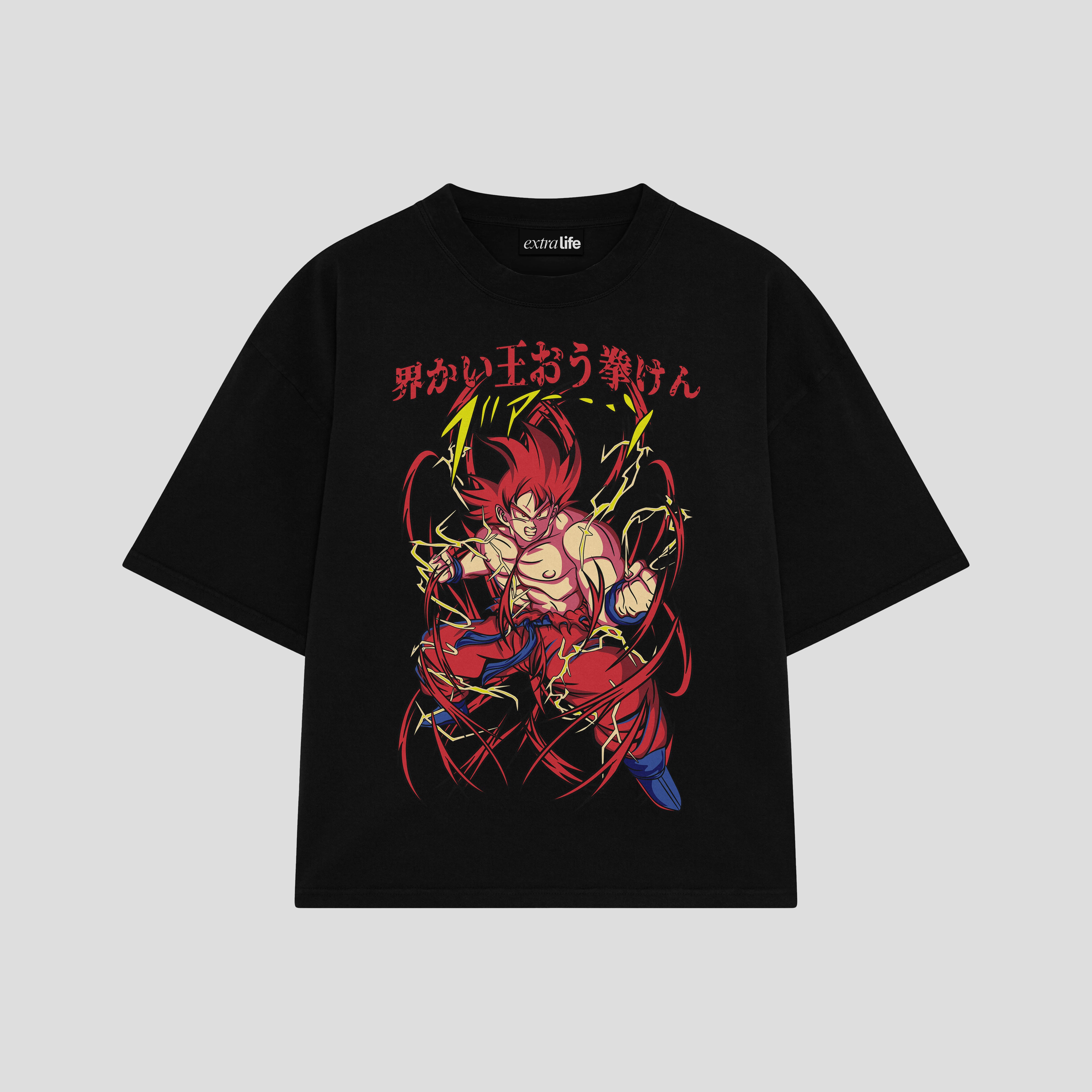 Playera streetwear premium de anime y gaming ExtraLife MX, corte boxy oversized drop shoulder heavyweight en color Deep Black y Off-White, moda urbana mexicana de culto.