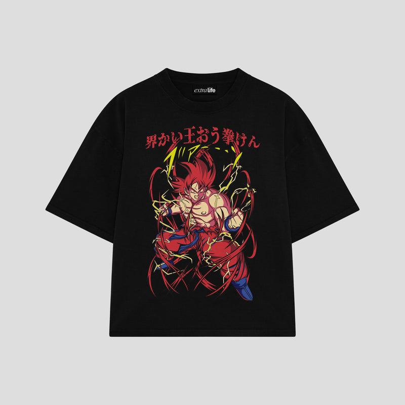 Playera streetwear premium de anime y gaming ExtraLife MX, corte boxy oversized drop shoulder heavyweight en color Deep Black y Off-White, moda urbana mexicana de culto.