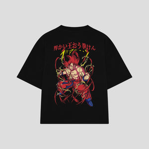Playera streetwear premium de anime y gaming ExtraLife MX, corte boxy oversized drop shoulder heavyweight en color Deep Black y Off-White, moda urbana mexicana de culto.