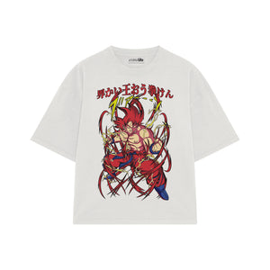 Playera streetwear premium de anime y gaming ExtraLife MX, corte boxy oversized drop shoulder heavyweight en color Deep Black y Off-White, moda urbana mexicana de culto.