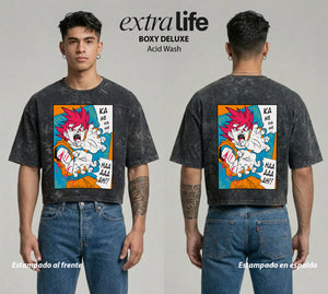 Playera streetwear premium de anime y gaming ExtraLife MX, corte boxy deluxe mineral wash heavyweight en color Acid Wash, moda urbana mexicana de culto.