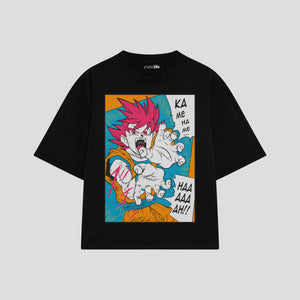 Playera streetwear premium de anime y gaming ExtraLife MX, corte boxy oversized drop shoulder heavyweight en color Deep Black y Off-White, moda urbana mexicana de culto.