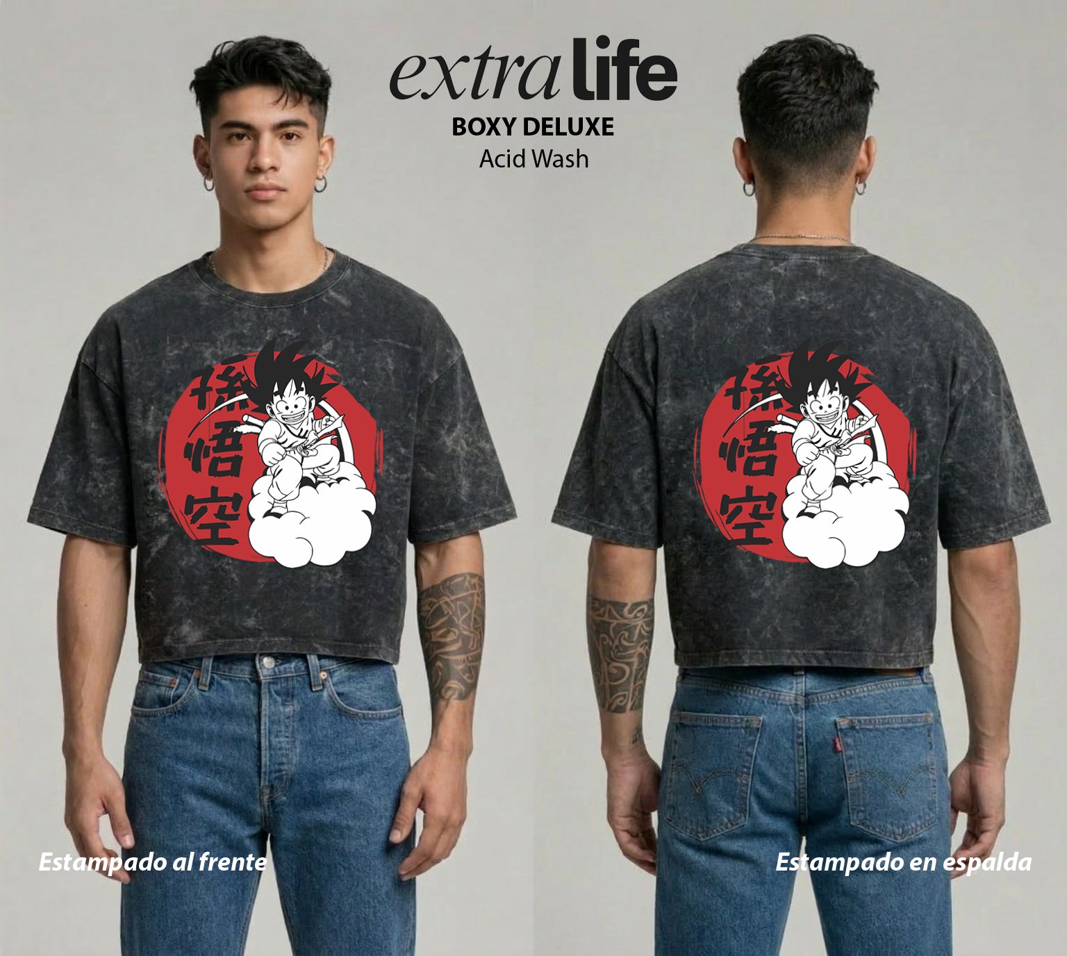 Playera streetwear premium de anime y gaming ExtraLife MX, corte boxy deluxe mineral wash heavyweight en color Acid Wash, moda urbana mexicana de culto.