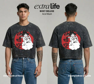 Playera streetwear premium de anime y gaming ExtraLife MX, corte boxy deluxe mineral wash heavyweight en color Acid Wash, moda urbana mexicana de culto.